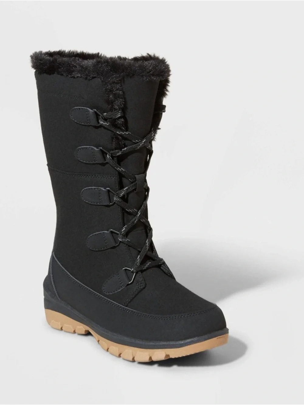 Universal Thread Black Faux-Fur Lace-Up Winter Boot with Tan Lug Sole